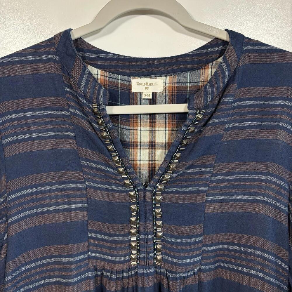 Women’s World Market Striped Plaid Dress Size S/M - Boho Bohemian 100% Cotton - Picture 2 of 7